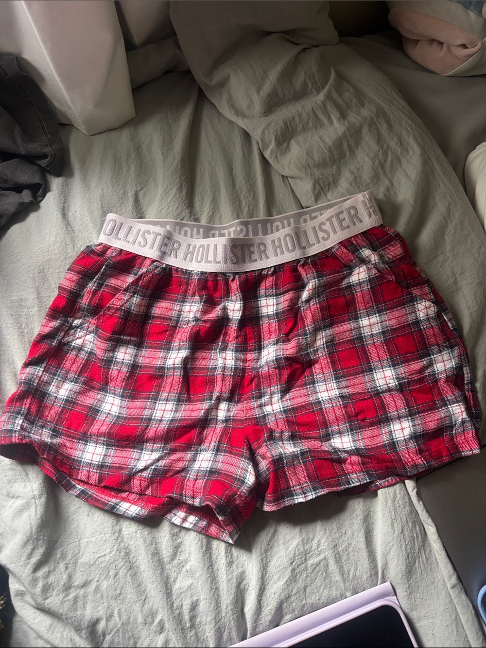 Hollister Red Plaid Cotton Lounge Shorts with Logo Waistband